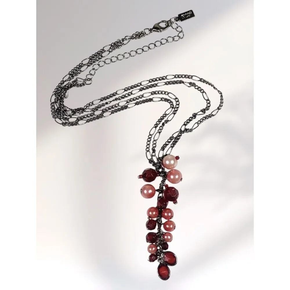1928 Necklace Red Pink Bead Cluster Y Drop Dangle Metallic Gray 2 Strand Chain